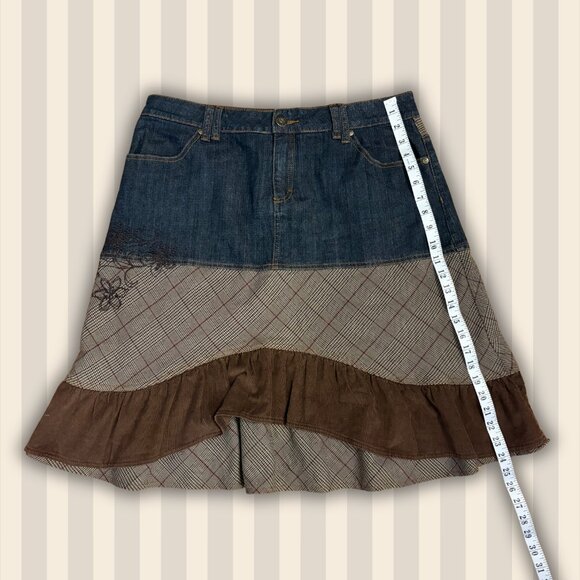 Vintage Point Zero denim + brown corduroy embroidered skirt - Picture 4 of 5